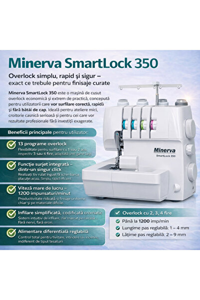 Minerva Masina de cusut Overlock SmartLock 350, 13 programe, functie surjet, ...