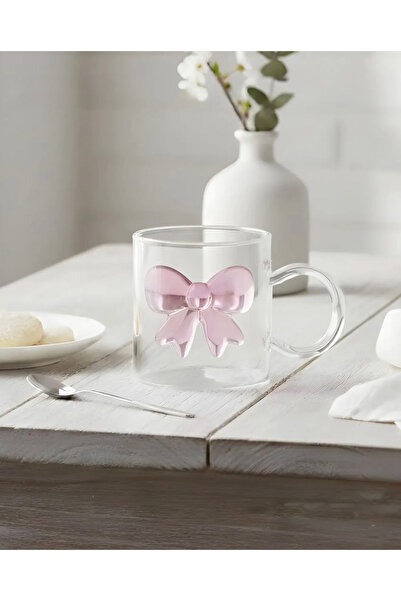 zezedesing Pembe Fiyonk Kurdele Figürlü Cam Bardak Kupa Hediyelik