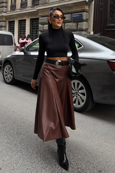 Lijuri Fusta evazată din piele maro cu talie înaltă 4068 R4-E-K3