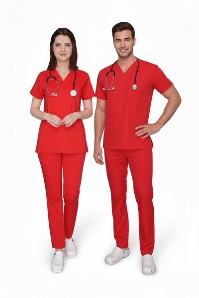 Nur Medikal Giyim Set de exfoliant unisex din Lycra roșie - Set de sus și de jos