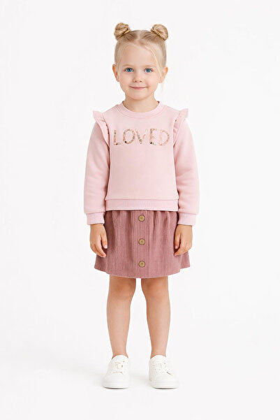 RAPAPA LOVED Κεντημένο ροζ επένδυση fleece Τοπ & βελούδινη φούστα με κουμπιά ...
