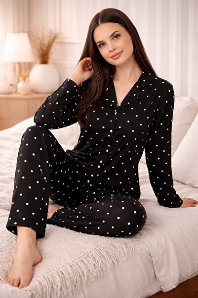 Işılay Siyah %100 Pamuklu Kadın Pijama Takımı – Nefes Alabilen, Uzun Kollu Ra...