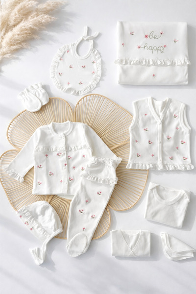 moukou Be Happy Çiçekli Fistolu %100 Pamuk Yenidoğan Kız Bebek 10 Parça Hasta...