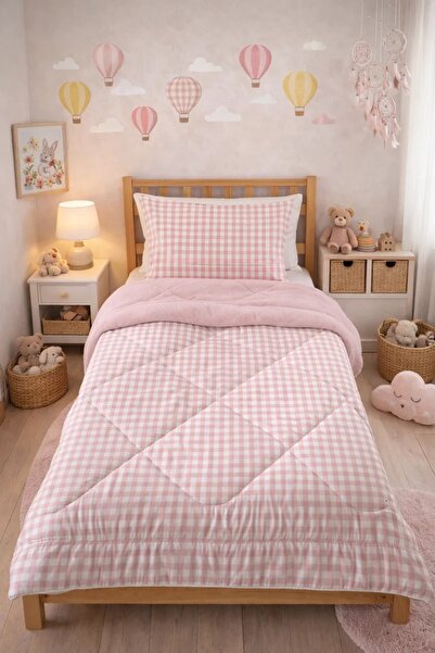 Evmila Παστέλ Ροζ Ποτικάρε, Καρό Σχέδιο, Μονό Σετ, Παιδικό Σετ Ύπνου, Πάπλωμα