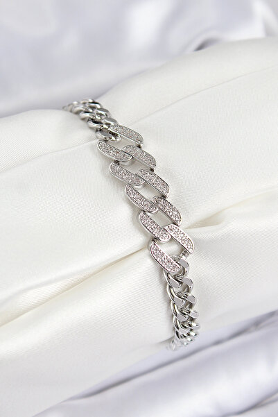 Skygo Brass Zircon Stone Crushed Cuban Chain Model Silver Color Women's Brace...