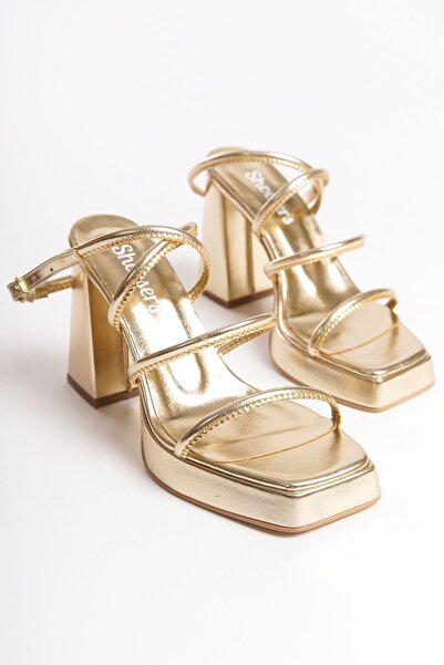 Shoesers Pantofi de seară aurii cu toc și platformă, cu curele la gleznă, cu ...