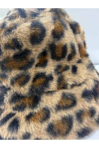 Trend Şapka 12763-1 Leopar Peluş Vizon Bucket Şapka