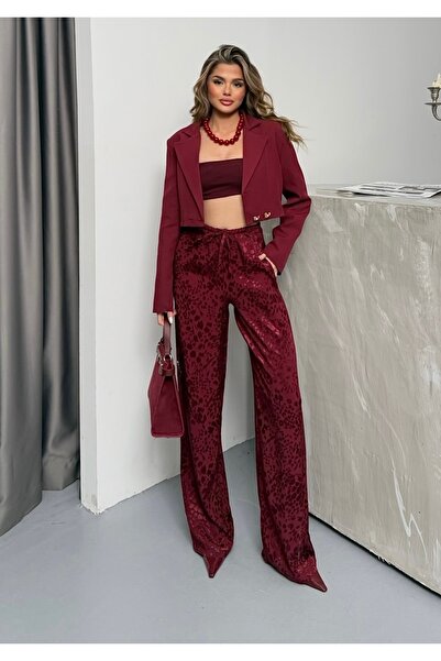 BEJNA Dámské saténové kalhoty s bordovým leopardím vzorem