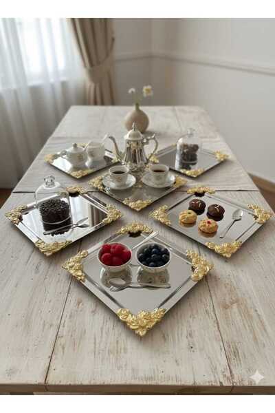 defnem home 6 Adet Kare Krom 4 Köşe Metal Çiçek Tepsi, Sunum Tepsisi