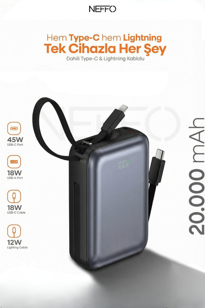 NEFFO 20.000 mAh 45W Hızlı Şarj Powerbank – USB-C & Çoklu Cihaz Desteği, Taşı...