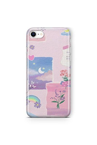 FLAMENKO iPhone 6 / 6s Uyumlu Pastel Çiçekli Ay ve Gökkuşağı Desenli Şeffaf T...