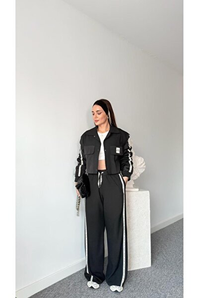 MODA Kumaş Matchli Etiket Detaylı Siyah Eşofman Ceket Pantolon İkili Takım