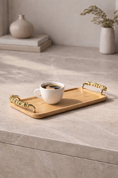 DİVAYS Altın Kulplu Ahşap Bambu Sunum Tepsisi | Kahve, Tatlı ve Şık Servis Te...
