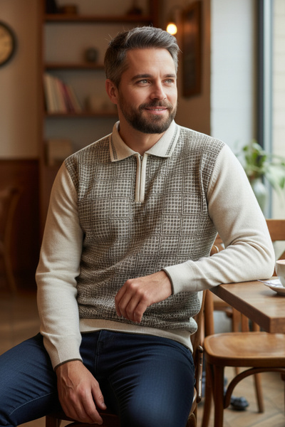 Kamalı سترة تريكو رجالية بياقة بولو وتصميم عادي غير قابل للتكور بلون كريمي