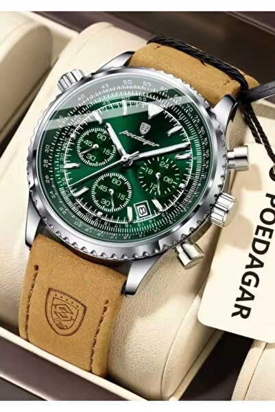 POEDAGAR Emerald Green Color Dial Luxury Brown Leather Band Men Wristwatch