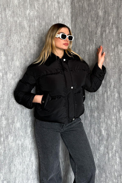 ModaPlaza Γούνινο παλτό με τσέπη στο γιακά 605555