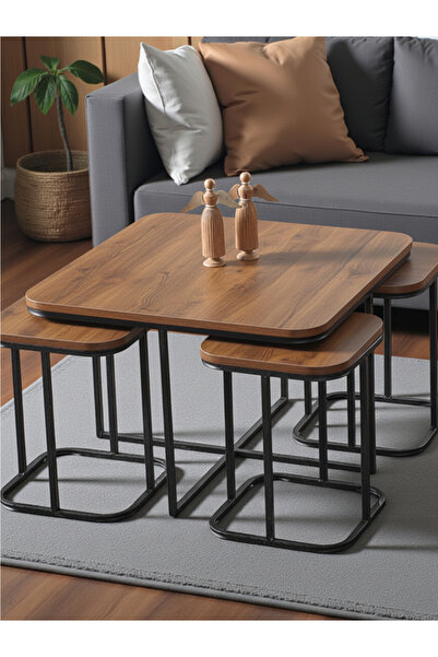 SEDAŞ LIVING UNITS 5 Li Sehpa Ahşap Siyah Metal Ayak Takım Sehpa Orta Sehpa B...