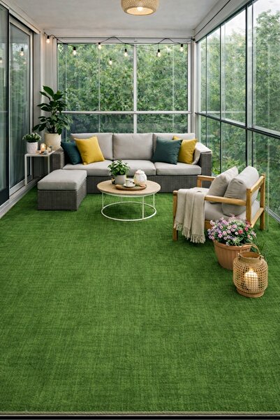 EFİLTİ Balkon Teras Halısı Çim Görünümlü Yeşil Halı Kaymaz Tabanlı Makinede Y...