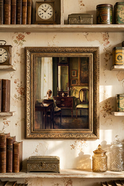 epiqart Kitap Okuyan Kız - Vintage Desenli Çerçeve