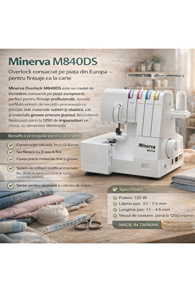 Minerva Masina de surfilat Overlock M840DS, 8 Programe, 1250 Imp/Min, 135W, Alb