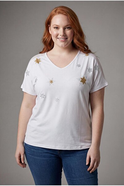Ebsumu White Printed - Women's Plus Size Blouse with Shoulder Tulle Detail