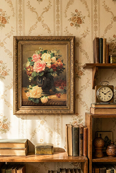 epiqart Gül ve Ahududu Natürmort - Vintage Desenli Çerçeve