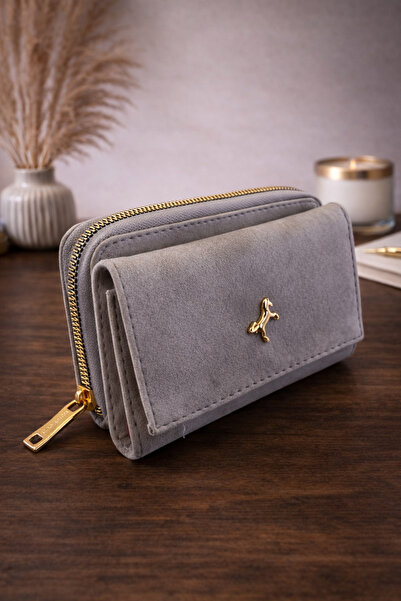MODEL CÜZDAN Kadın Cüzdan Yumuşak Deri Çıtçıtlı Fermuarlı Kartlık Gri