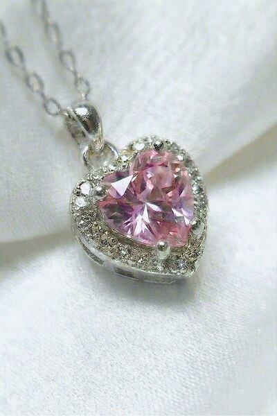 Nuvor Silver 925 Ayar Gümüş Pembe Kalp Zirkon Taşlı Işıltılı Kolye