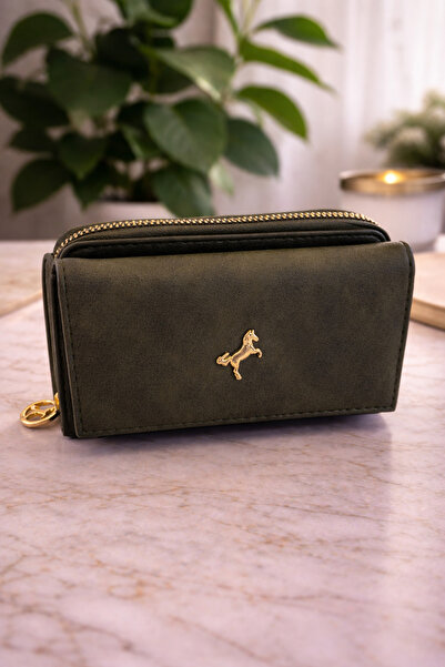 MODEL CÜZDAN Kadın Cüzdan Yumuşak Deri Çıtçıtlı Fermuarlı Kartlık Haki