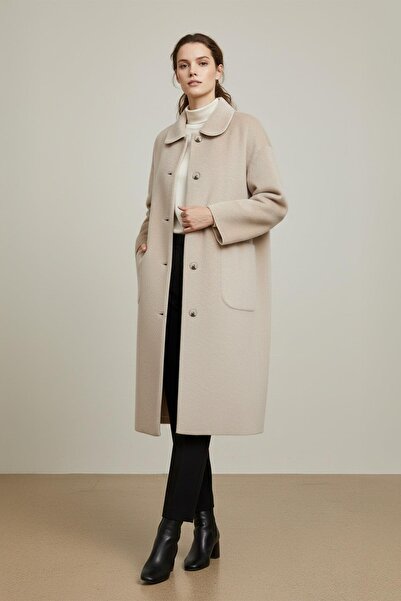 Puane Women's Fox Coat with Button and Pocket Detail - 15220Kbn - Beige