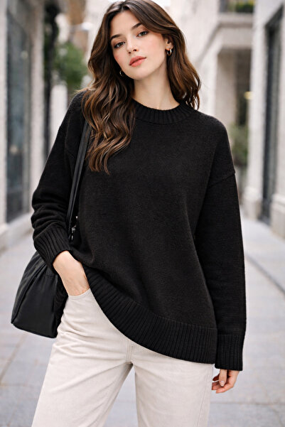 kikiriktekstil 10995 Pulover de damă supradimensionat, negru, cu textură moal...