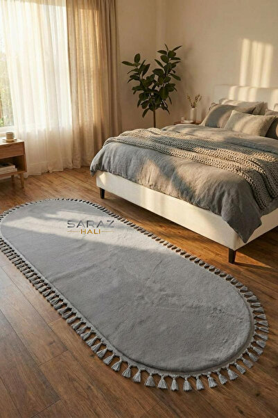 SARAZ HALI Puffy Gri Oval Örgü Saçaklı Peluş Yumuşacık Yıkanabilir Kaymaz Tab...
