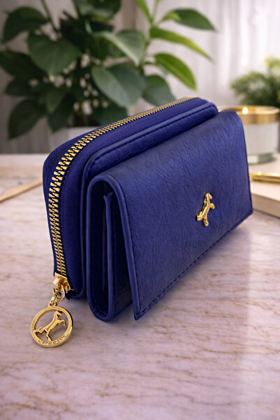MODEL CÜZDAN Kadın Cüzdan Yumuşak Deri Çıtçıtlı Fermuarlı Kartlık Mavi