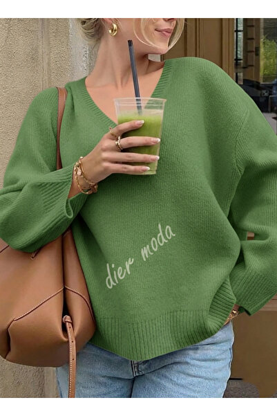 Dier Moda Women's Oil Green V-Neck Oversize Knitwear Sweater, Knitwear Sweate...