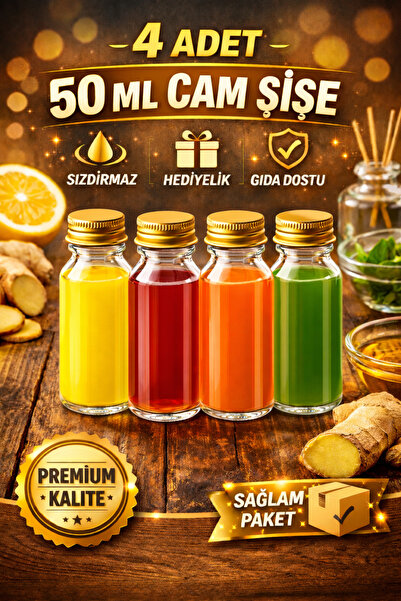 Enjoy Party Store 4 Adet Şeffaf Cam Shot Şişesi 50ml. Sızdırmaz Gold Metal ka...