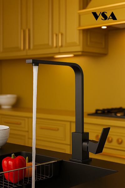 VSA Siyah Kare Model Pirinç Mutfak Eviye Bataryası 360 Derece Döner Borulu Sı...