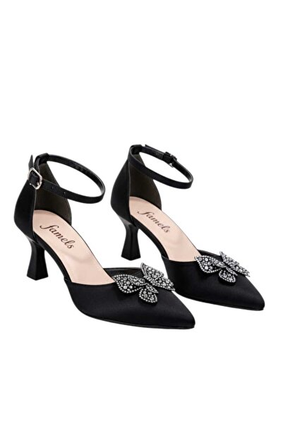 Famels Kelebek Fiyonklu Taşlı, Topuklu Ayakkabı , Siyah Saten Abiye Ayakkabı