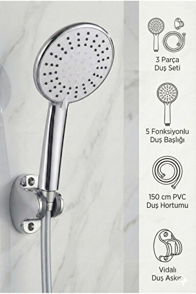 Plodna House 5 Fonksiyonlu Büyük Boy Krom Duş Başlığı 150cm PVC DAYANIKLI Hor...
