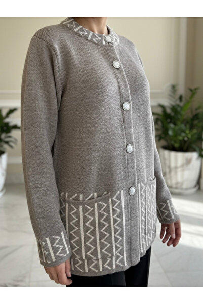 tiriTEK TRİKO كارديجان تريكو كبير الحجم برقبة دائرية / كريمي مينك