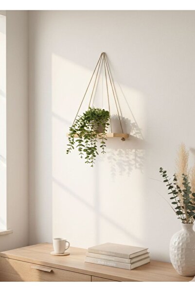 VOBU HOME & LIFE DESIGN Hasır Askılı Şık Ahşap Raf, Ahşap Çiçeklik ve Dekorat...