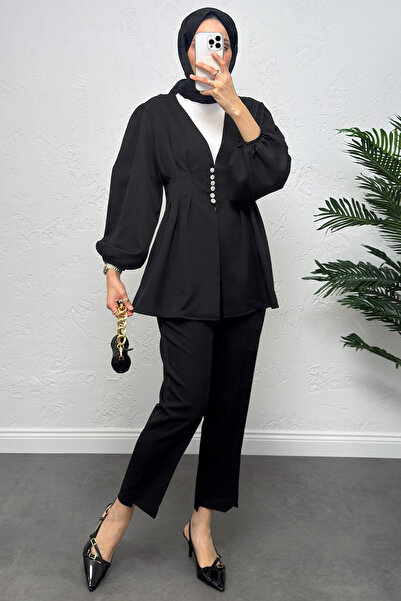 Salih Çelebi V-Neck Pleated Detail Set 0077 - Black