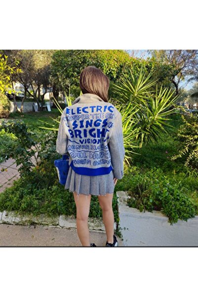 Minası Butik YAZILI BLAZER CEKET GRİ