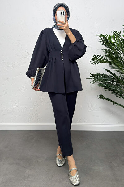 Salih Çelebi V-Neck Pleated Detail Set 0077 - Dark Blue