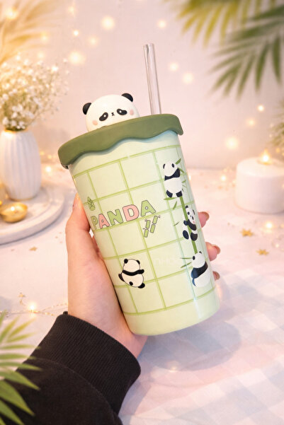 Two Two PANDALI CAM PİPETLİ BARDAK-Silikon kapaklı kupa mug-Panda figürlü