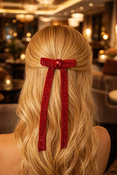 Emsay Store مشبك فيونكة نسائي مصنوع يدويًا من قطعتين باللون الأحمر اللامع - ا...