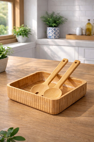Janset 23Cm-23Cm Large Size Bamboo Striped Bowl and Spoon Set - Fruit Pot, Br...