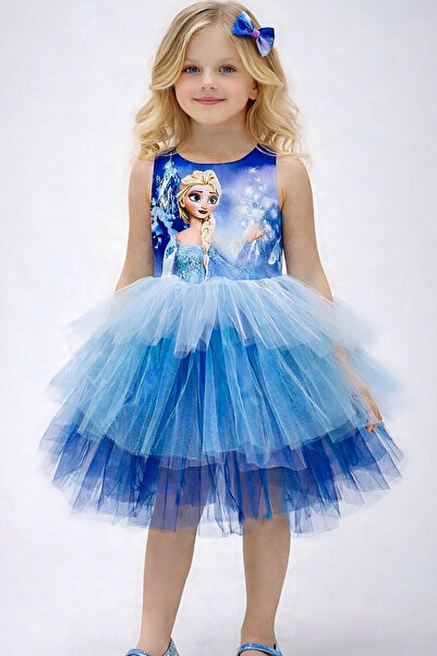 Ceylin Fashion Kız Çocuk Elsa Mavi Tütülü Doğum Günü Elbisesi CF-25003