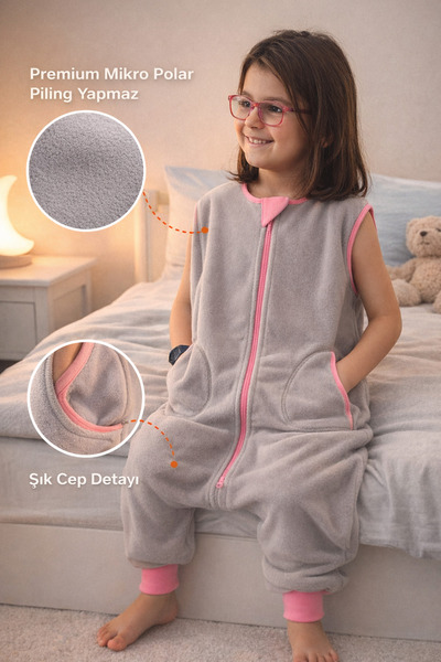 RUKİYE YAVUZ Pamuk Pazen Kolsuz Kışlık Mikro Polar Bebek Çocuk Uyku Tulumu 18...