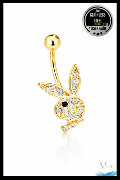 MAZEN Playboy Tavşan Figürlü Göbek Piercing | 316L Çelik | Gold | Taşlı Kadın...