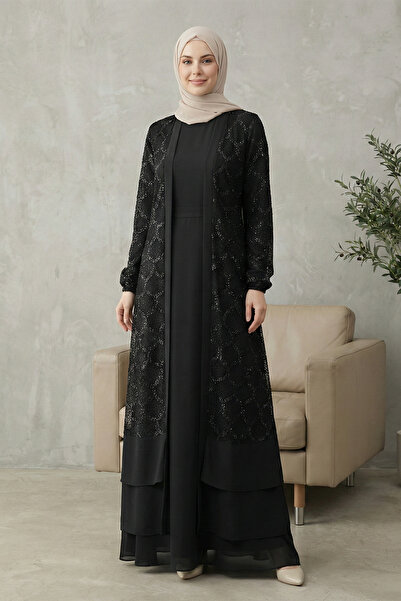 Kirazgym Дамски комплект от две части с бродерия с мъниста и колан - черен